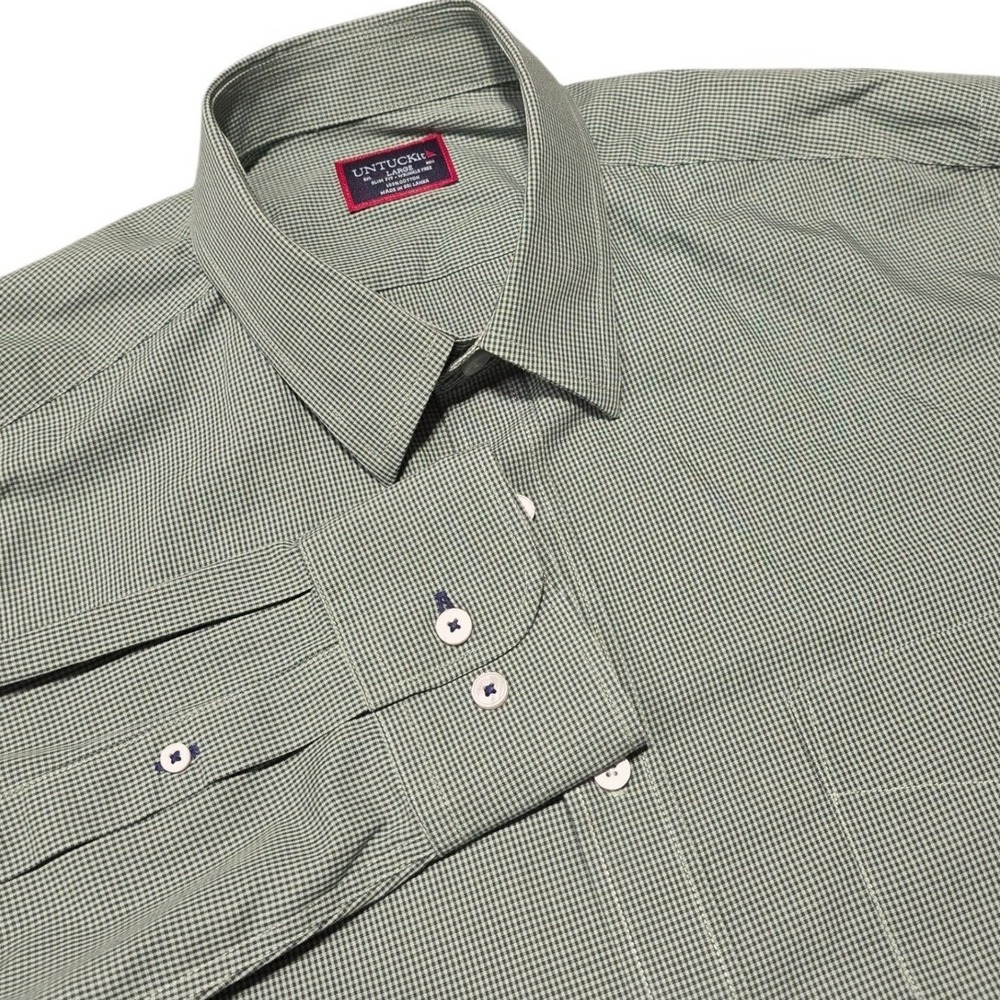 UNTUCKit Button Down Shirt Men Large Green Micro Gingham Slim Fit Wrinkle Free